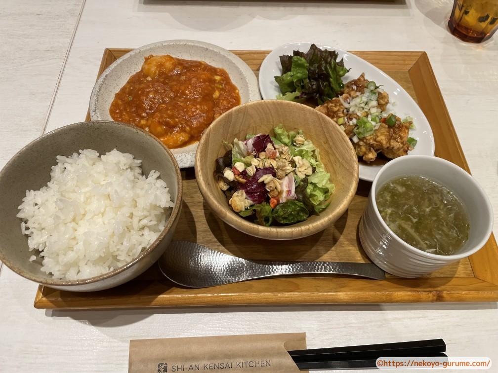 たまプラーザ　西安健菜キッチン　エビチリと油淋鶏と麻婆豆腐ランチ